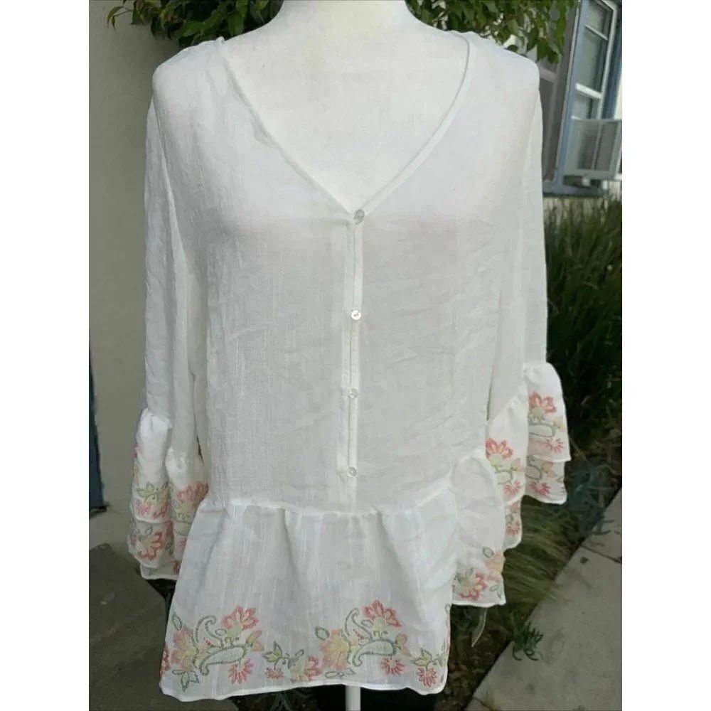 Zac Rachel Womens New White Pink Green Floral Long Sleeve Bohemian Top Large